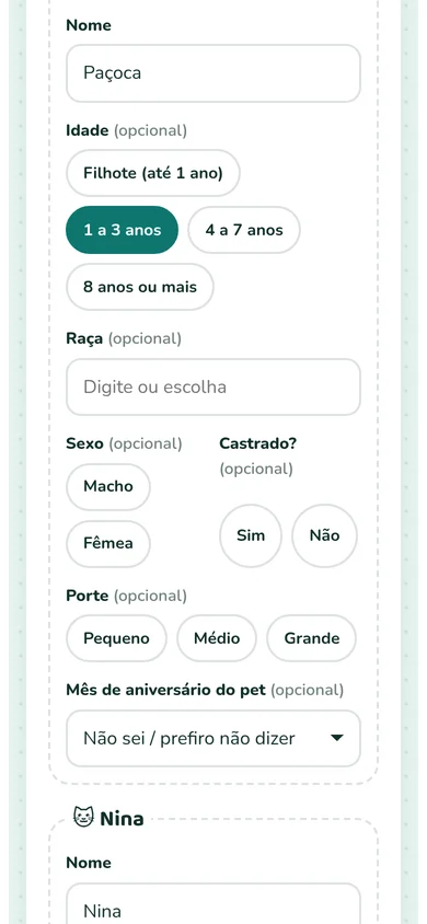 Formulário do pet com nome e idade