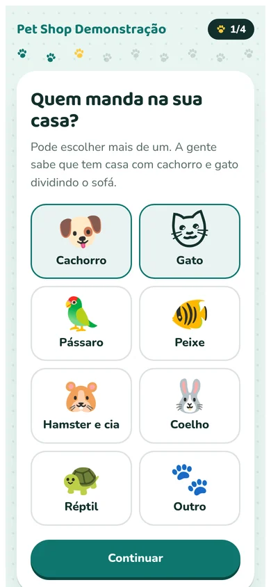 Escolha dos pets com botões ilustrados