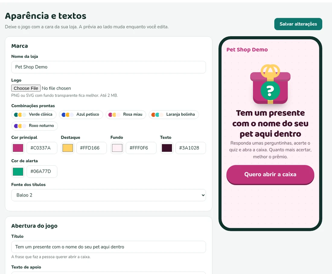 Tela de aparência com prévia do jogo em rosa