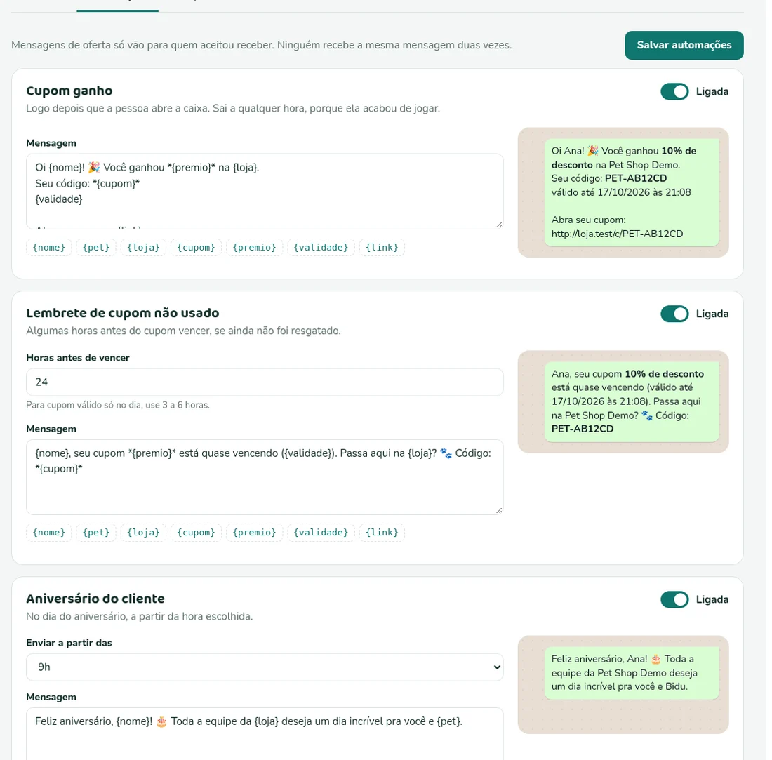 Configuração das mensagens automáticas de WhatsApp